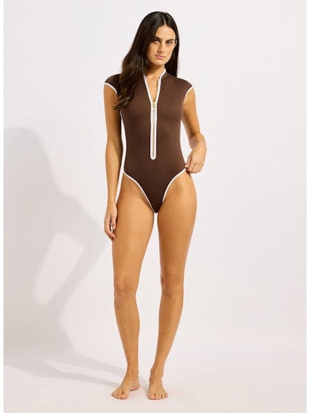 Seafolly Seafolly Beach Bound Cap Sleeve Zip Front One Piece - Dark Chocolate Seafolly Beach Bound Cap Sleeve Zip Front One Piece - Dark Chocolate Splash Swimwear
