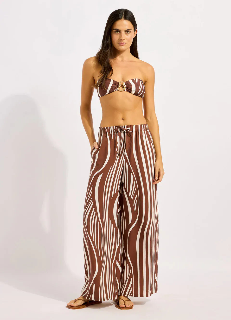 Seafolly Seafolly Coastline Drawcord Wide Leg Pant - Cocoa Seafolly Coastline Drawcord Wide Leg Pant - Cocoa Splash Swimwear Womens Pants