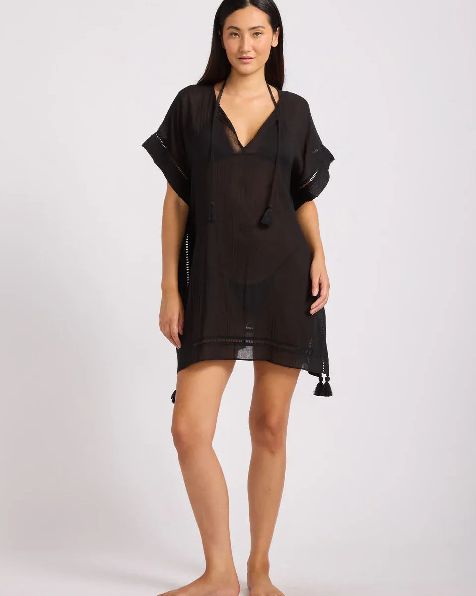 Seafolly Seafolly Crinkle Gauze Kaftan - Black 55791-KA-BLACK-O/S Seafolly Crinkle Gauze Kaftan - Black Splash Swimwear Kaftans & Cover Ups O/S