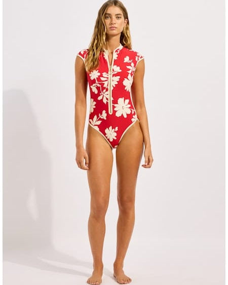 Seafolly Seafolly Mayflower Cap Sleeve Zip Front One Piece - Cosmo Red Seafolly Mayflower Cap Sleeve Zip Front One Piece - Cosmo Red Splash Swimwear One Piece