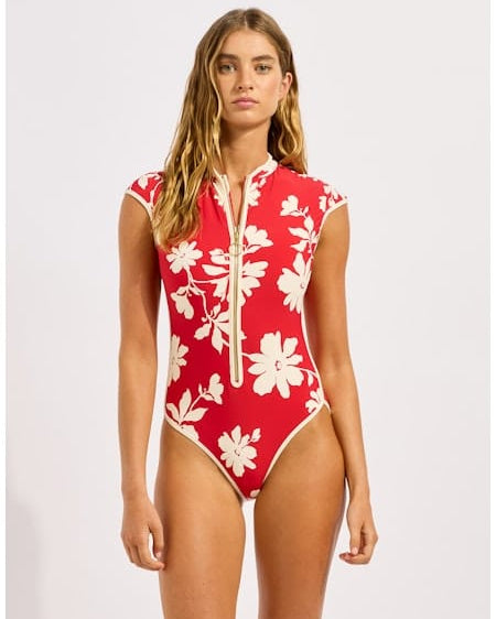 Seafolly Seafolly Mayflower Cap Sleeve Zip Front One Piece - Cosmo Red Seafolly Mayflower Cap Sleeve Zip Front One Piece - Cosmo Red Splash Swimwear One Piece