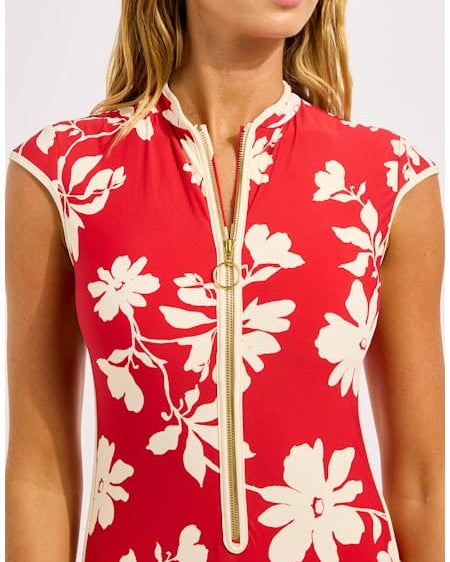 Seafolly Seafolly Mayflower Cap Sleeve Zip Front One Piece - Cosmo Red Seafolly Mayflower Cap Sleeve Zip Front One Piece - Cosmo Red Splash Swimwear One Piece