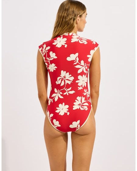 Seafolly Seafolly Mayflower Cap Sleeve Zip Front One Piece - Cosmo Red Seafolly Mayflower Cap Sleeve Zip Front One Piece - Cosmo Red Splash Swimwear One Piece