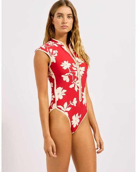 Seafolly Seafolly Mayflower Cap Sleeve Zip Front One Piece - Cosmo Red Seafolly Mayflower Cap Sleeve Zip Front One Piece - Cosmo Red Splash Swimwear One Piece