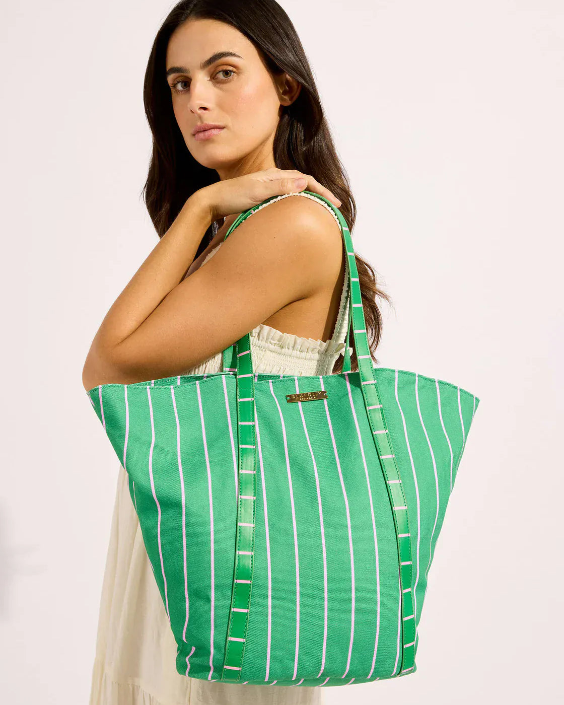 Seafolly Seafolly Mosaic Stripe Tote Bag - Vivid green 72197-BG Seafolly Mosaic Stripe Tote Bag - Vivid green Splash Swimwear OS 9360519203004