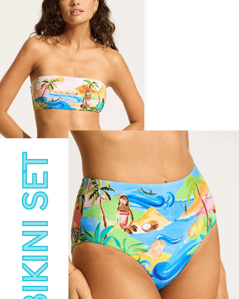 Seafolly Seafolly South Pacific Bandeau Bikini Top & High Waisted Pant Bikini Set - Turquoise Seafolly South Pacific Bandeau Bikini Top & High Waisted Pant Bikini Set - Turquoise Splash Swimwear Bikini Set AU16/US12 1000028922