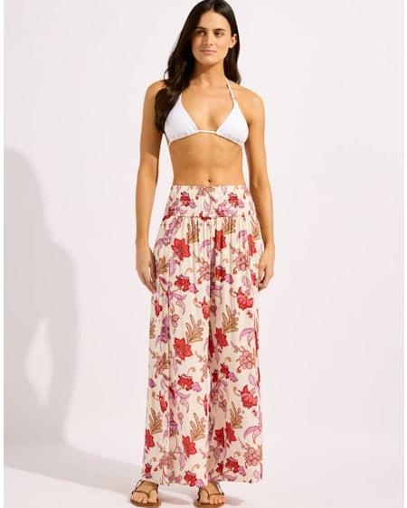 Seafolly Seafolly Summer Chintz Shirred Waist Wrap Pant Shirred Waist Wrap Pant Ecru | Seafolly Splash Swimwear Pant