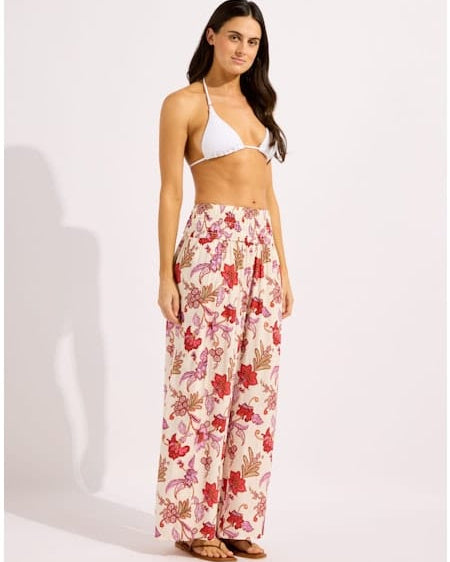Seafolly Seafolly Summer Chintz Shirred Waist Wrap Pant Shirred Waist Wrap Pant Ecru | Seafolly Splash Swimwear Pant