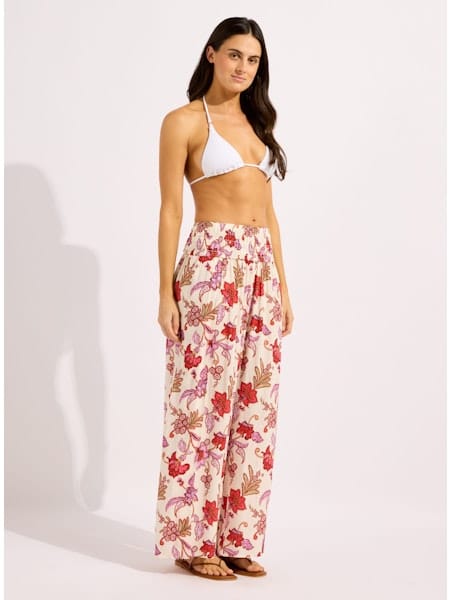 Seafolly Seafolly Summer Chintz Shirred Waist Wrap Pant Shirred Waist Wrap Pant Ecru | Seafolly Splash Swimwear Pant