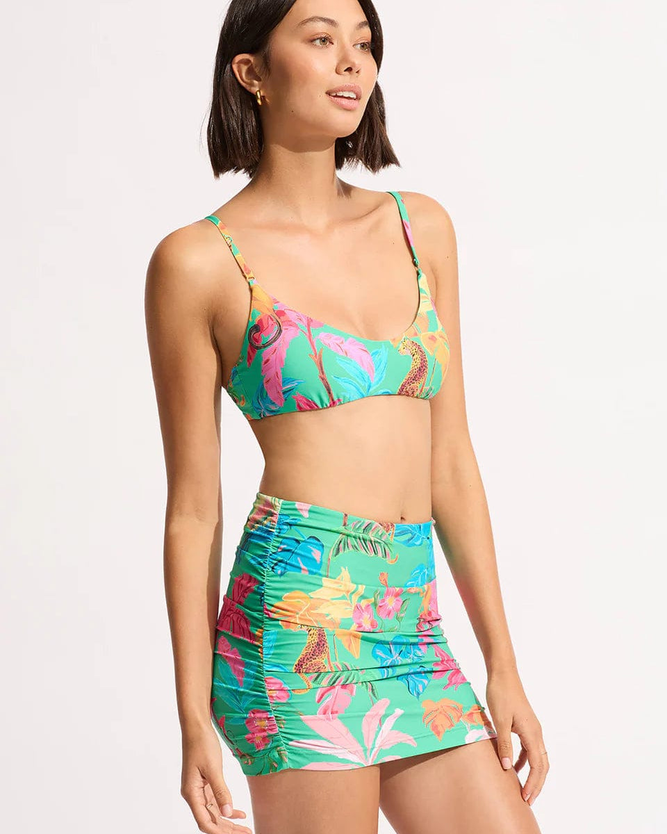 Seafolly Tropica Ruched Side Pull On Skirt - Jade Seafolly Tropica Ruched Side Pull On Skirt - Jade Splash Swimwear Bikini Bottoms
