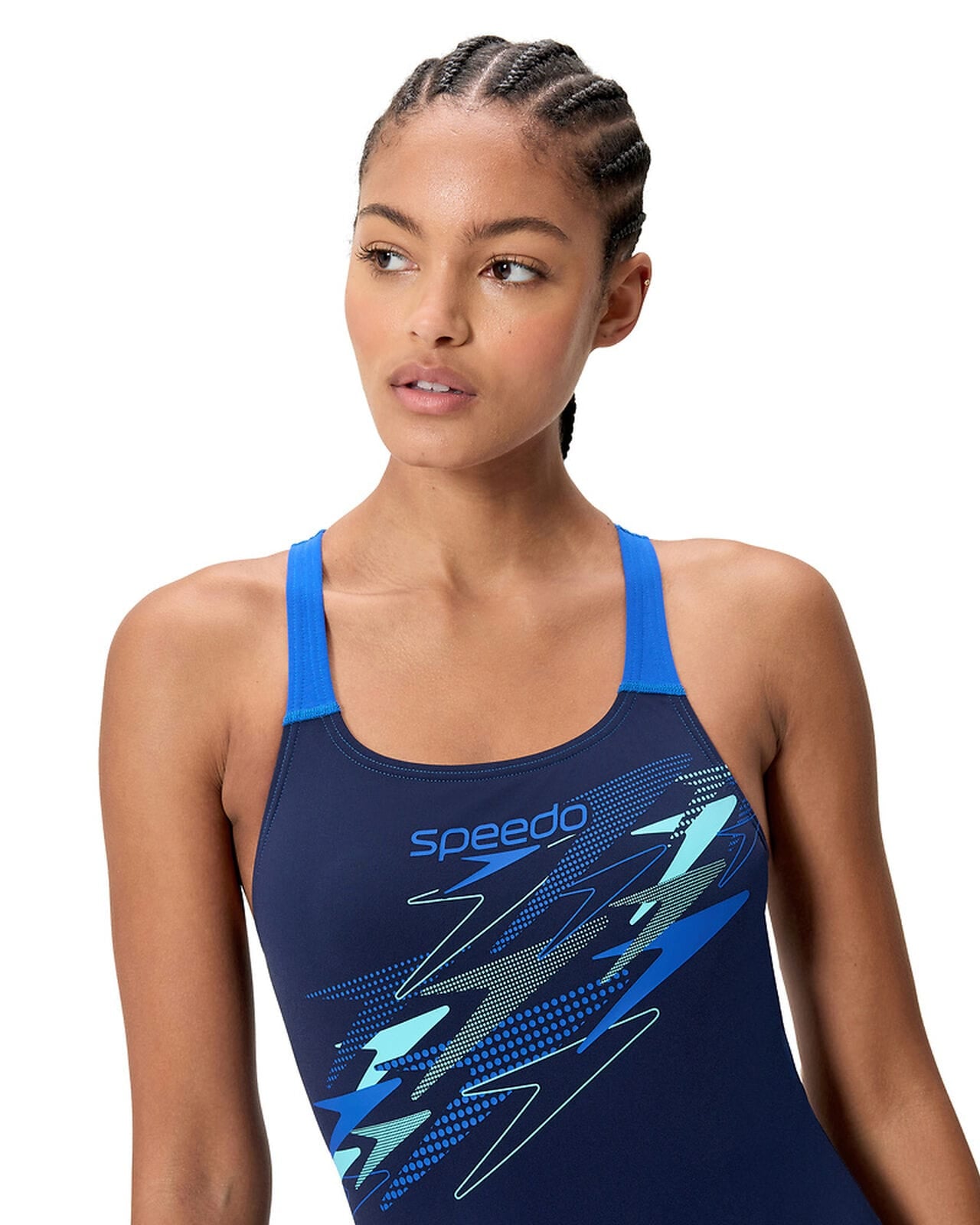 Speedo Speedo Womens Medley Logo One Piece - Navy/Blue Speedo Muscleback One Piece - Hyperboom/Navy/Orchid Splash Swimwear One Pieces