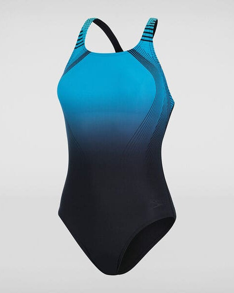Speedo Womens Digital Placement One Piece - Black/Pool Splash Swimwear Swim Dress, Tankini & One Piece