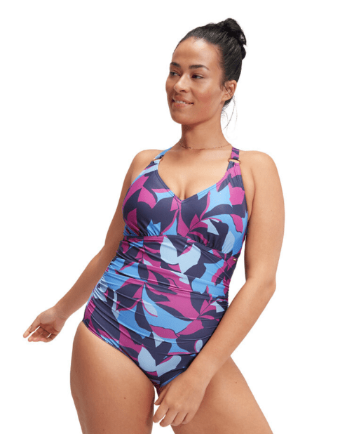 Speedo Womens Shaping Printed V Neck One Piece Speedo Muscleback One Piece - Hyperboom/Navy/Orchid Splash Swimwear