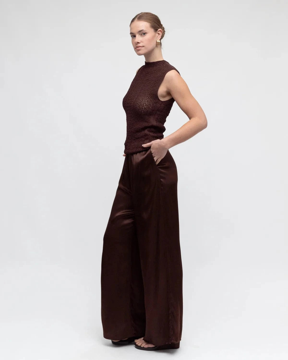 Splash Swimwear White Closet Satin Wide Leg Pants - Chocolate White Closet Satin Wide Leg Pants - Chocolate Splash Swimwear Pants