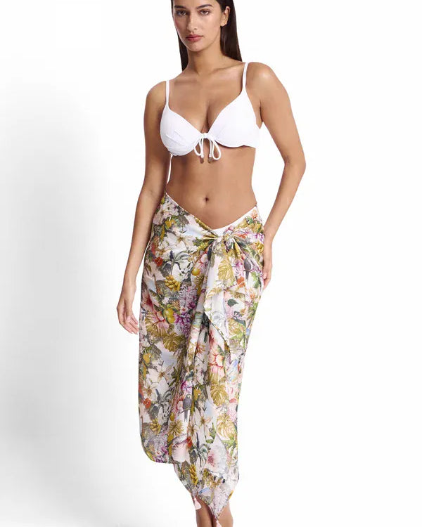 Sunseeker Sunseeker White Lotus Trim Sarong - White SS94073 Sunseeker White Lotus Trim Sarong - White Splash Swimwear Sarongs 9313513928374