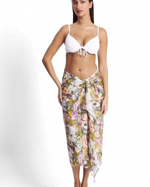 Sunseeker Sunseeker White Lotus Trim Sarong - White SS94073 Sunseeker White Lotus Trim Sarong - White Splash Swimwear Sarongs 9313513928374