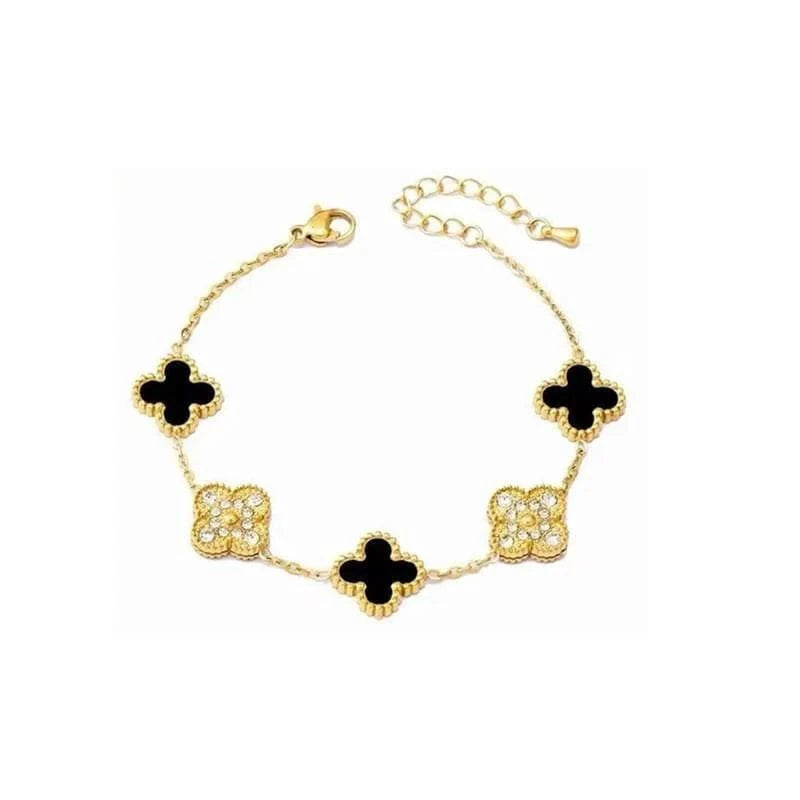 Susan Rose Stainless Steel CZ Gold Clover Bracelet - Black SSB70BLK Stainless Steel CZ Gold Clover Bracelet - Black Splash Swimwear Jewellery