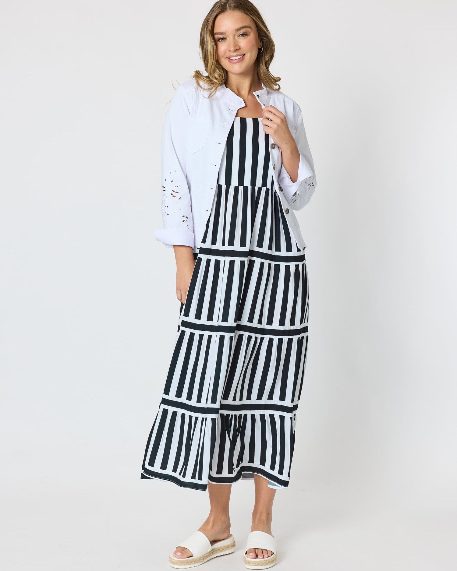 Threadz Threadz Bianca Stripe Print Sundress - Black/White Threadz Bianca Stripe Print Sundress - Black/White Splash Swimwear Womens Clothing