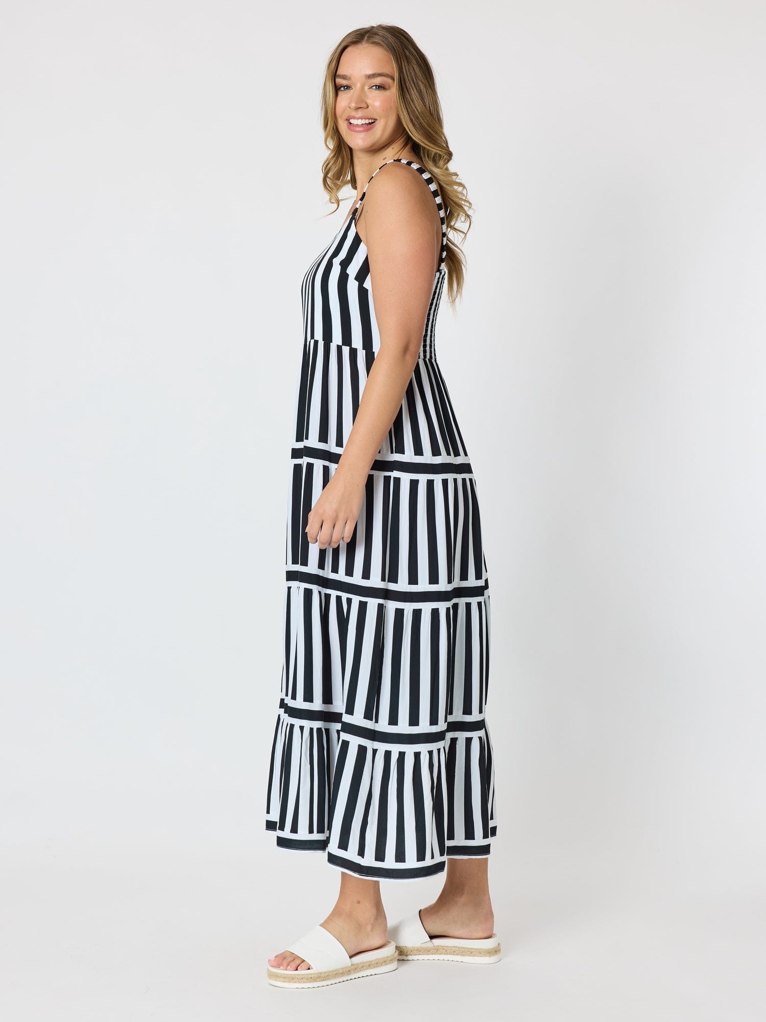 Threadz Threadz Bianca Stripe Print Sundress - Black/White Threadz Bianca Stripe Print Sundress - Black/White Splash Swimwear Womens Clothing