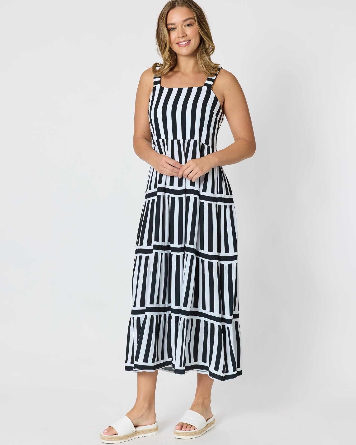 Threadz Threadz Bianca Stripe Print Sundress - Black/White Threadz Bianca Stripe Print Sundress - Black/White Splash Swimwear Womens Clothing