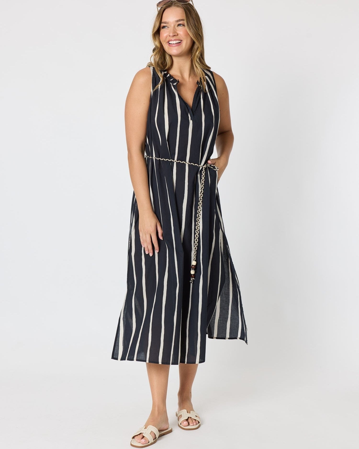 Threadz Threadz Sunset Safari Sleeveless Stripe Print Dress - Black/Ivory Threadz Sunset Safari Sleeveless Stripe Print Dress - Black/Ivory Splash Swimwear Dresses