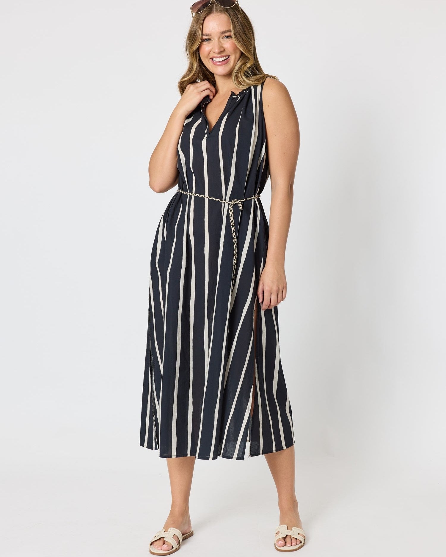 Threadz Threadz Sunset Safari Sleeveless Stripe Print Dress - Black/Ivory Threadz Sunset Safari Sleeveless Stripe Print Dress - Black/Ivory Splash Swimwear Dresses