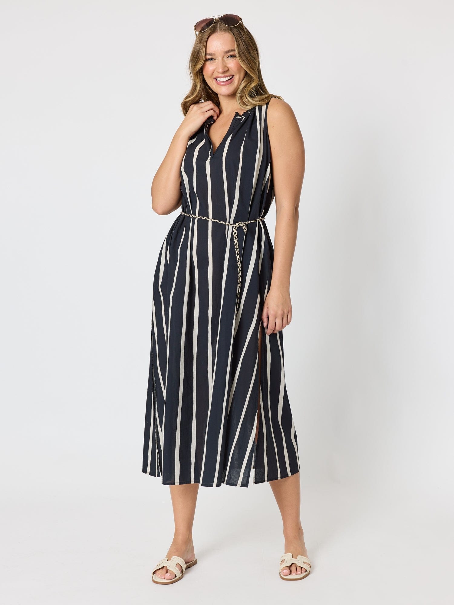 Threadz Threadz Sunset Safari Sleeveless Stripe Print Dress - Black/Ivory Threadz Sunset Safari Sleeveless Stripe Print Dress - Black/Ivory Splash Swimwear Dresses