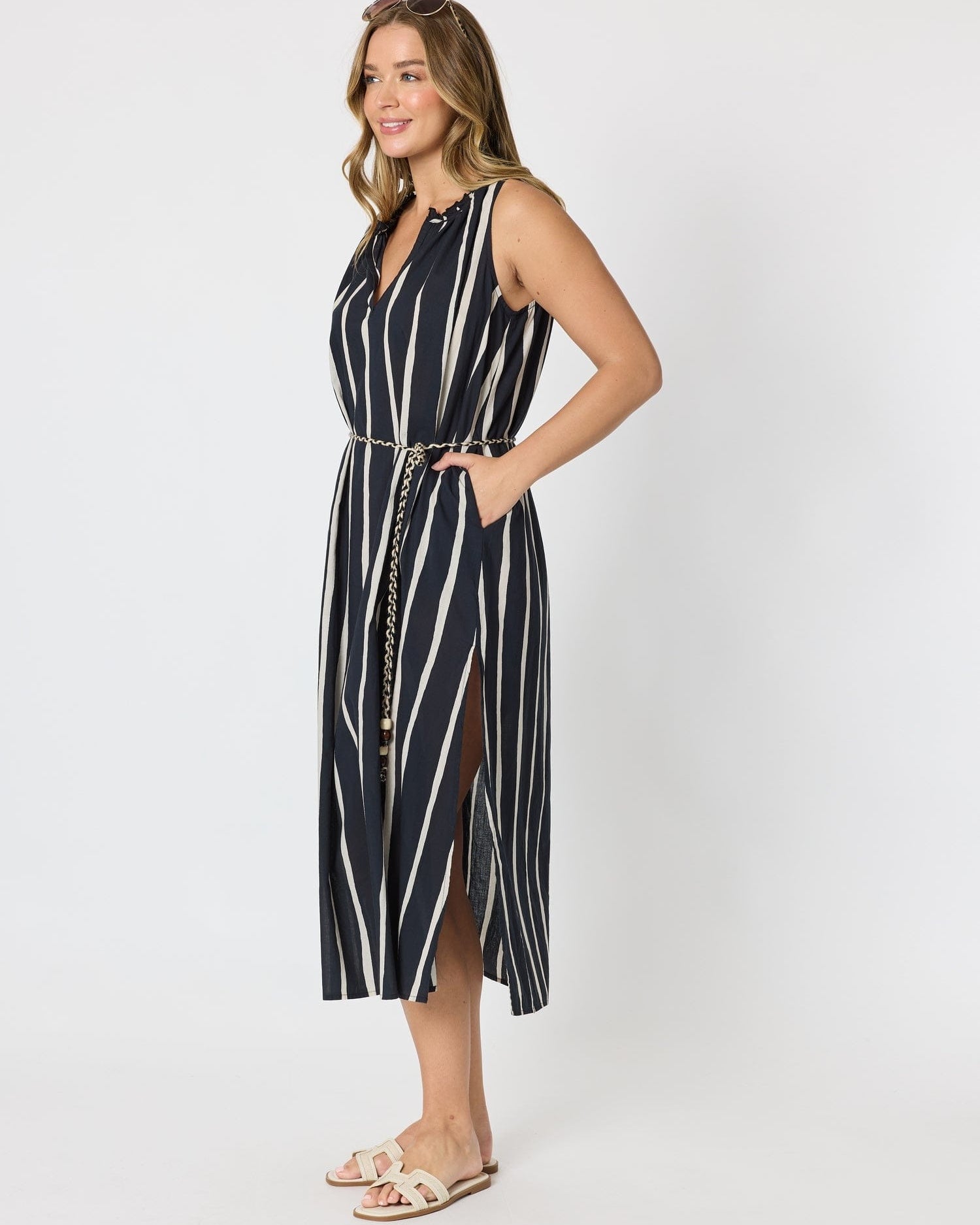 Threadz Threadz Sunset Safari Sleeveless Stripe Print Dress - Black/Ivory Threadz Sunset Safari Sleeveless Stripe Print Dress - Black/Ivory Splash Swimwear Dresses