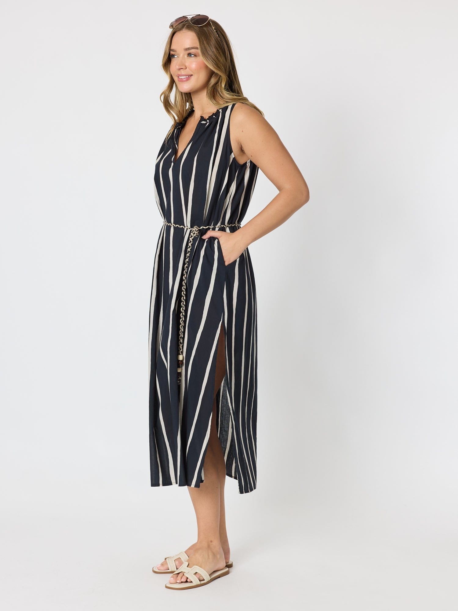 Threadz Threadz Sunset Safari Sleeveless Stripe Print Dress - Black/Ivory Threadz Sunset Safari Sleeveless Stripe Print Dress - Black/Ivory Splash Swimwear Dresses