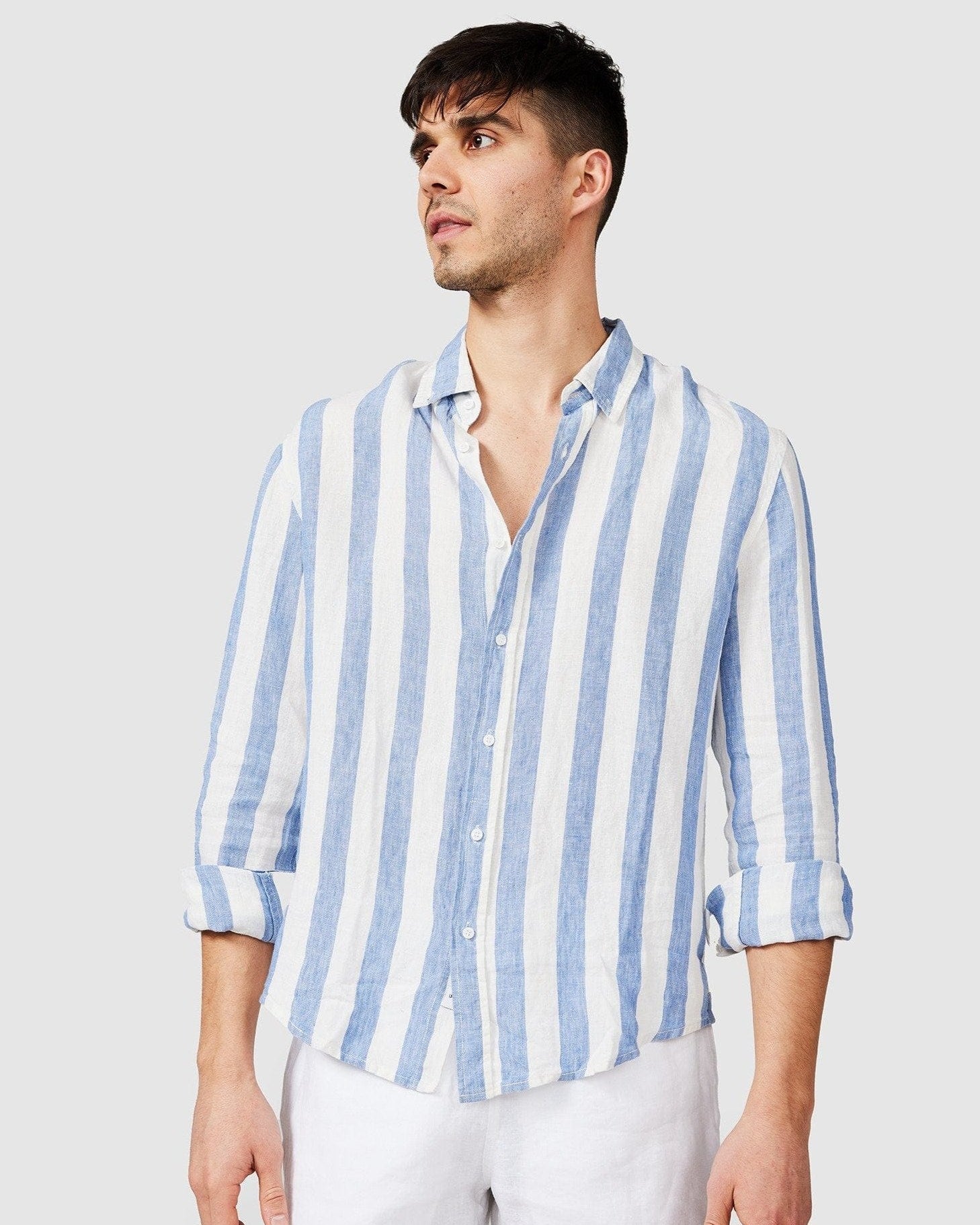 Vacay Swimwear Linen Long Sleeve Shirt - Blue Stripe Vacay Linen Shirt - Brown Stripe Splash Swimwear Mens