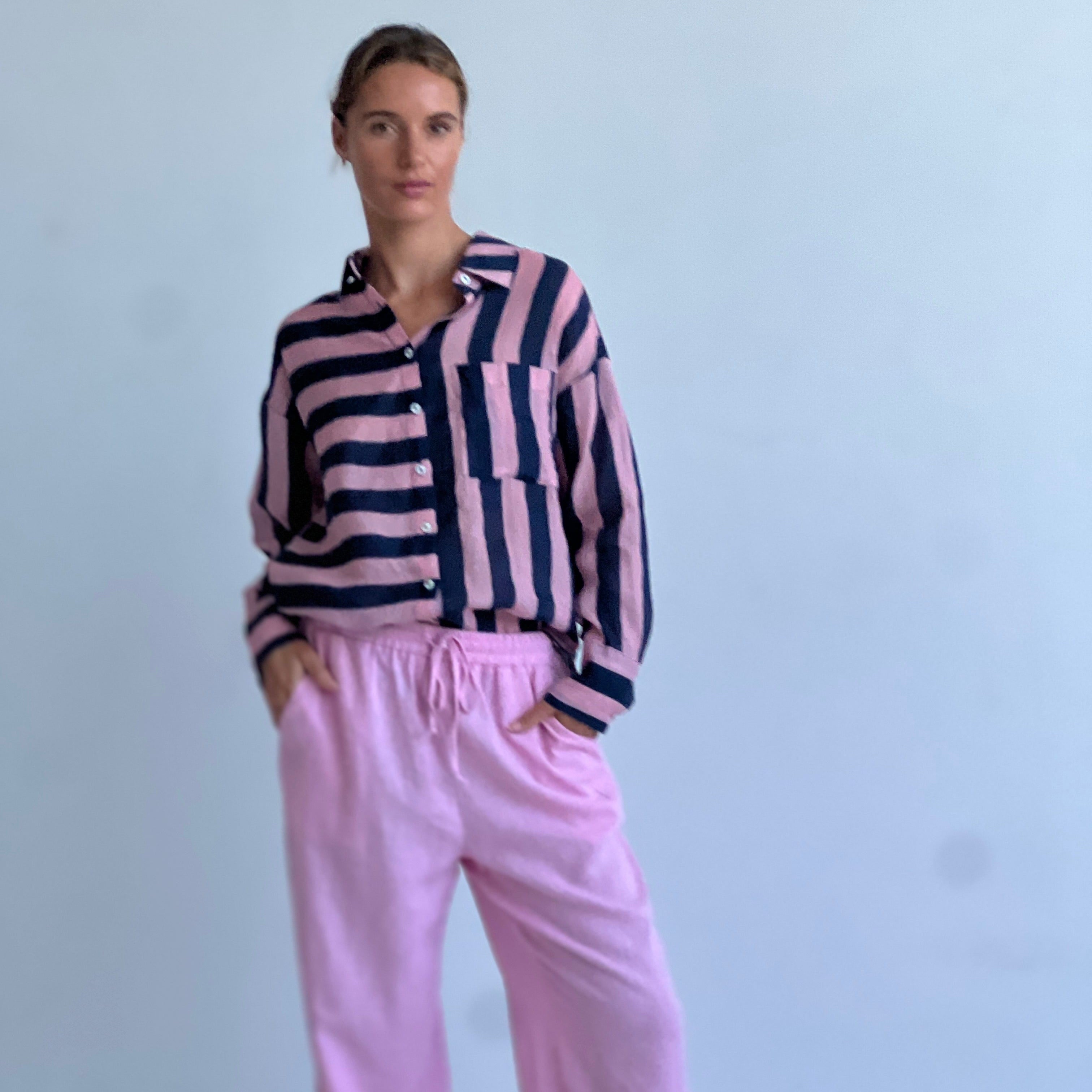 Worthier The Label Faye Linen Stripe Shirt WY-2687 Faye Linen Stripe Shirt Splash Swimwear Navy/Pink / S/M 1000022895
