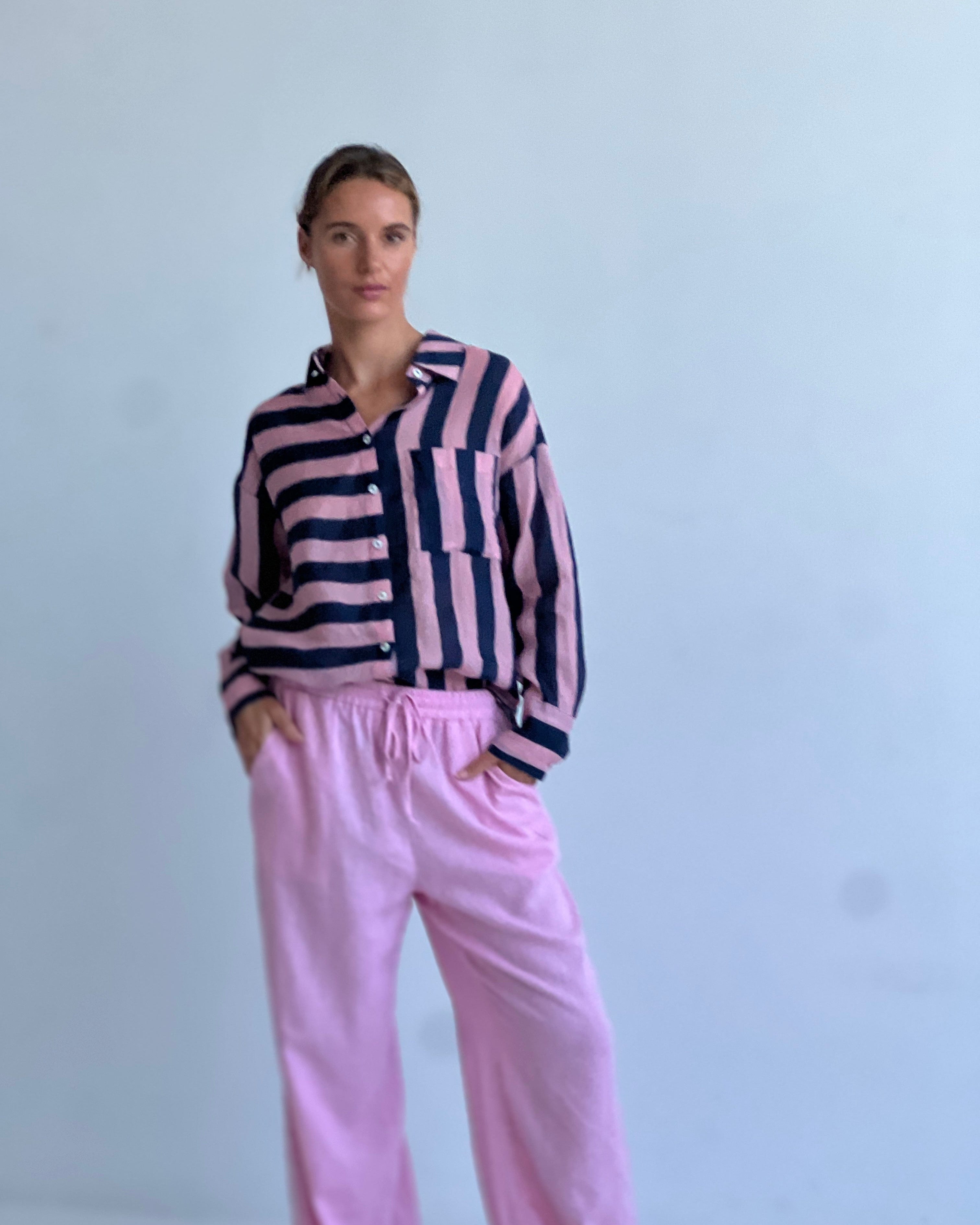 Worthier The Label Faye Linen Stripe Shirt WY-2687 Faye Linen Stripe Shirt Splash Swimwear Navy/Pink / S/M 1000022895