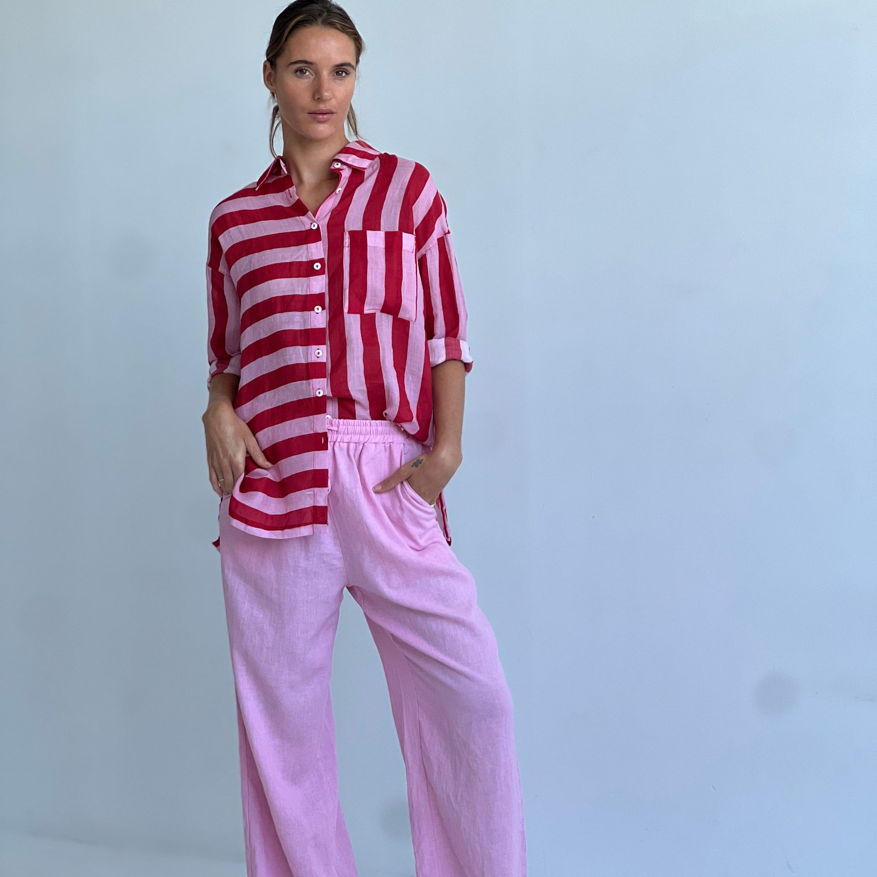 Worthier The Label Faye Linen Stripe Shirt WY-2687 Faye Linen Stripe Shirt Splash Swimwear Red/Pink / S/M 1000022896