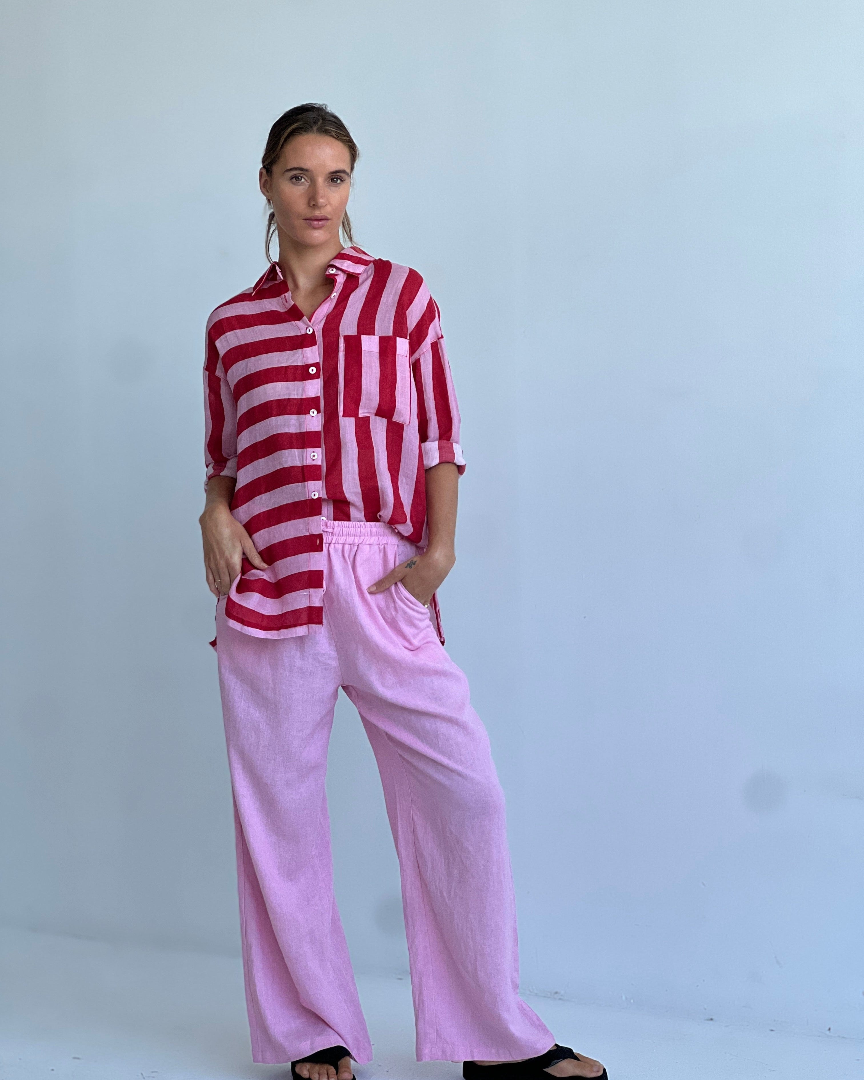 Worthier The Label Faye Linen Stripe Shirt WY-2687 Faye Linen Stripe Shirt Splash Swimwear Red/Pink / S/M 1000022896