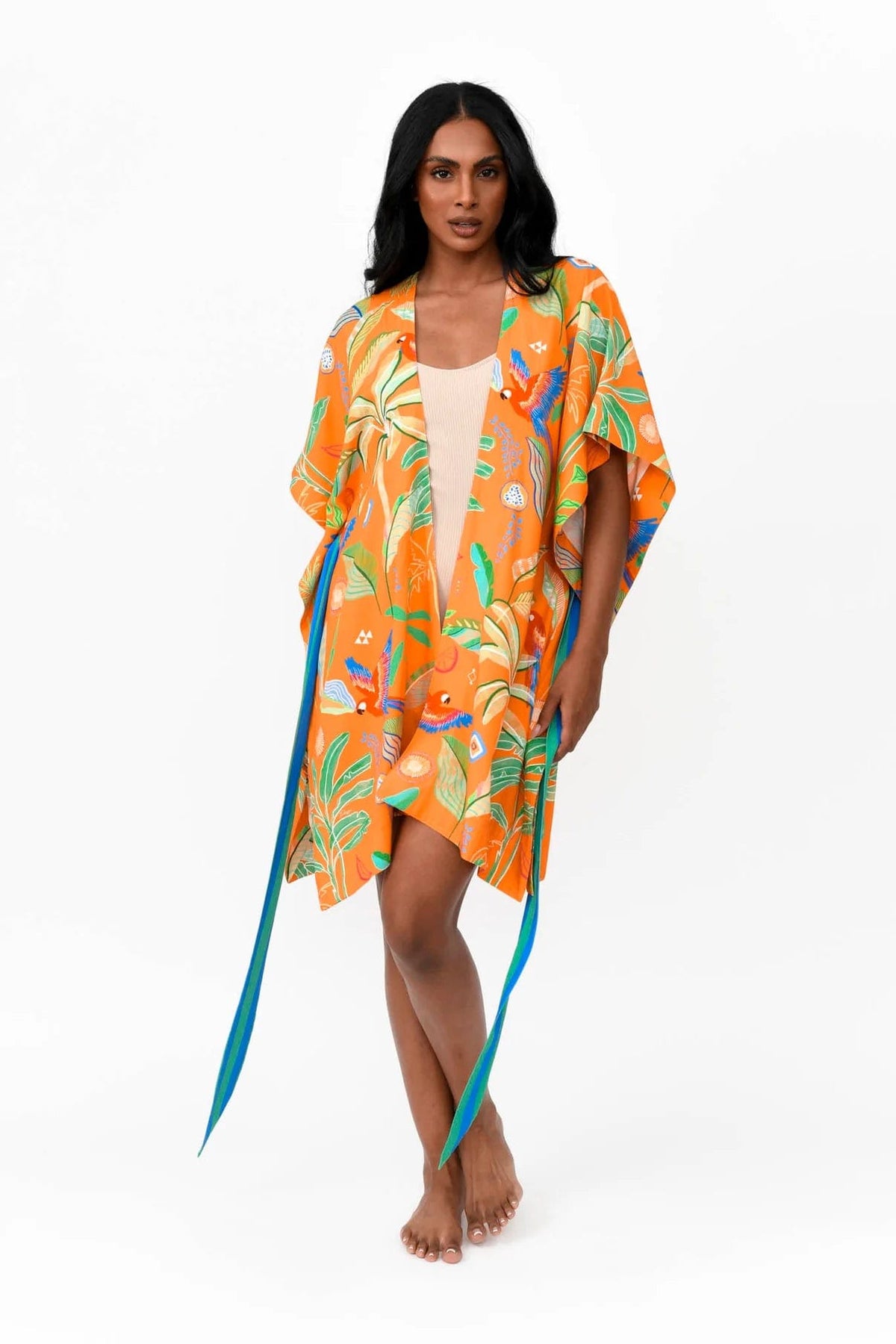 Zahlia Short Kimono in Tropical Print - Orange - Possi the Label - Splash Swimwear  - Dec22, Kaftans and Cover-Ups, Kimono, possi the label - Splash Swimwear 