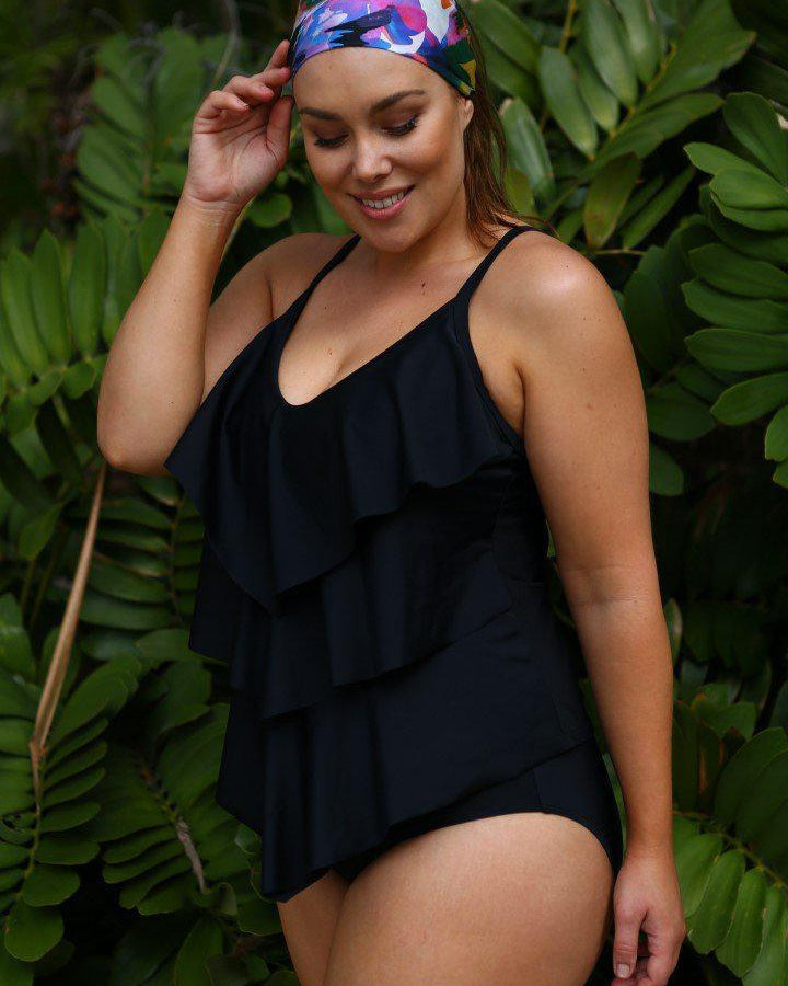 Capriosca 3 Tier One Piece - Black Capriosca Vintage Paisley Frill Sleeve One Piece Splash Swimwear One Pieces