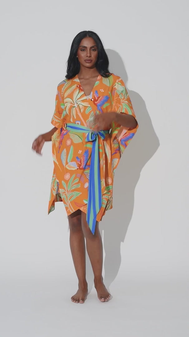Zahlia Short Kimono in Tropical Print - Orange