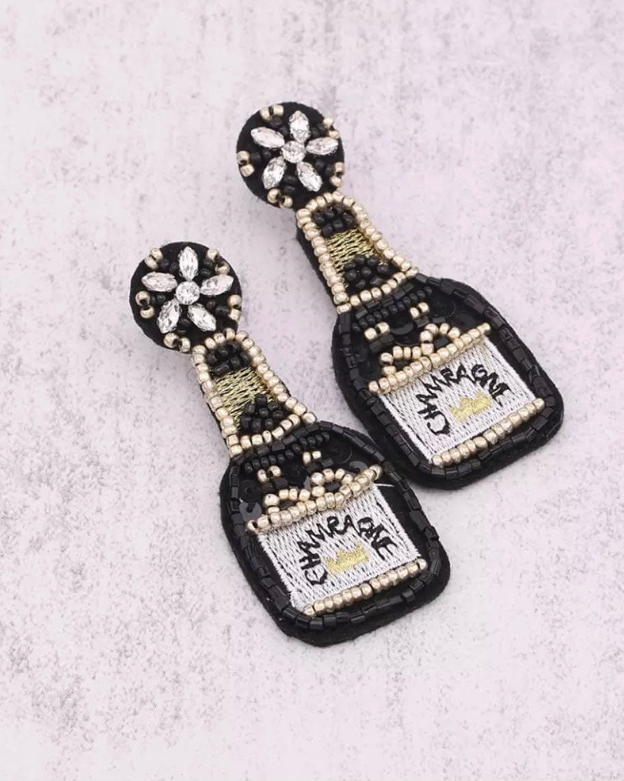 Glitterbugs Beaded Champagne Bottle Earrings Splash Swimwear Earrings Black 1000011673