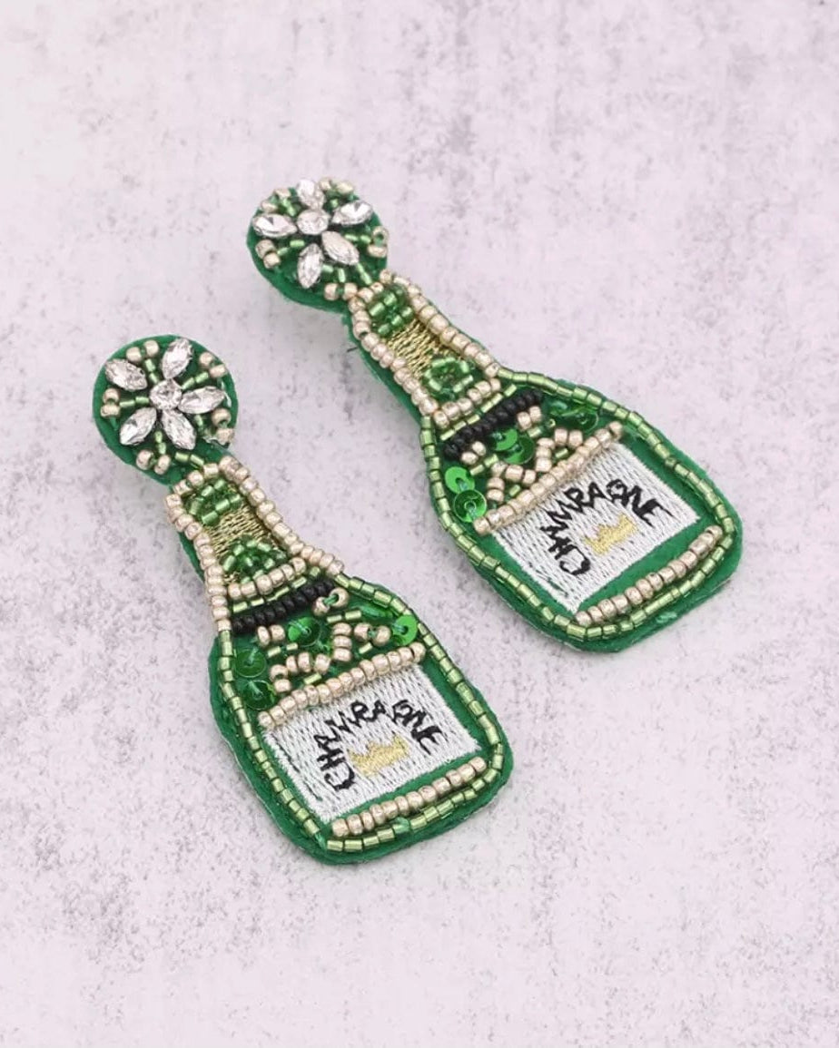Glitterbugs Beaded Champagne Bottle Earrings Splash Swimwear Earrings Green 1000011676