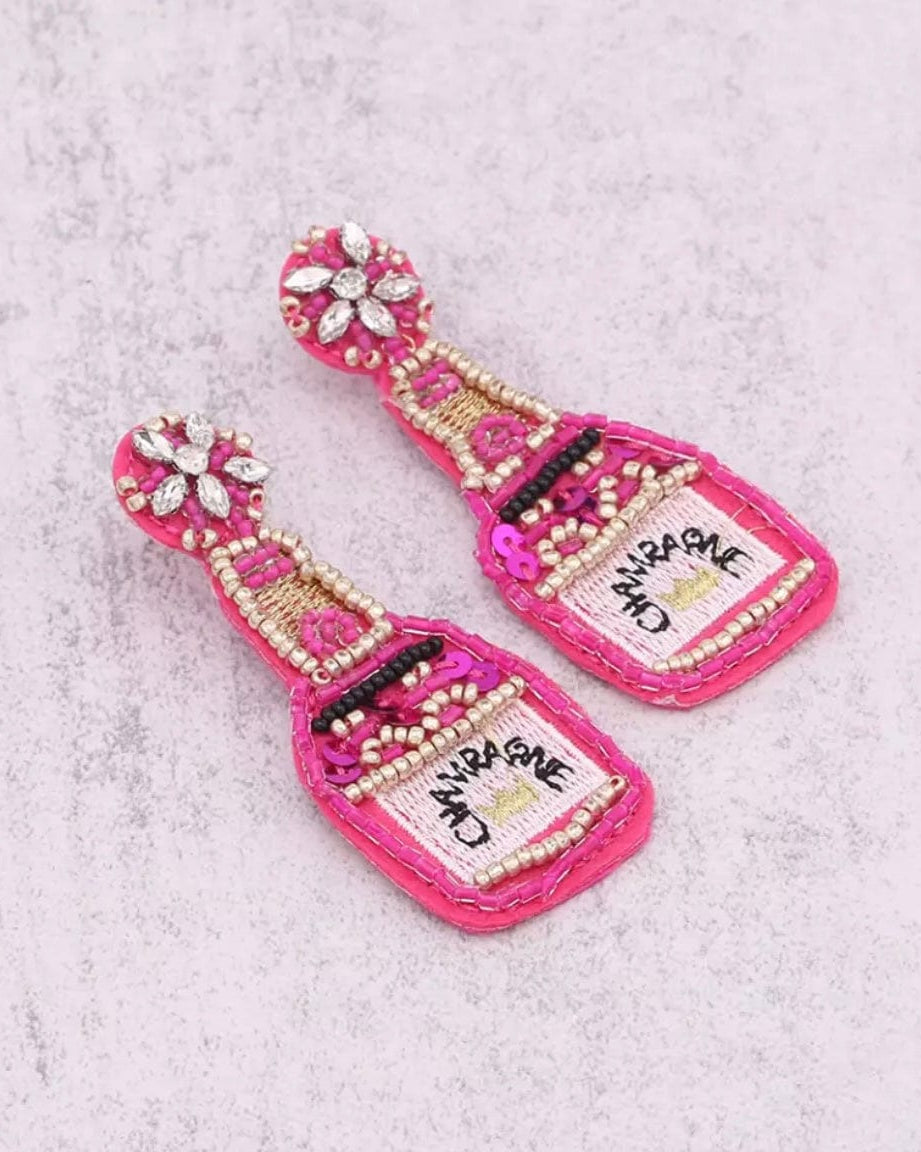 Glitterbugs Beaded Champagne Bottle Earrings Splash Swimwear Earrings Pink 1000011677