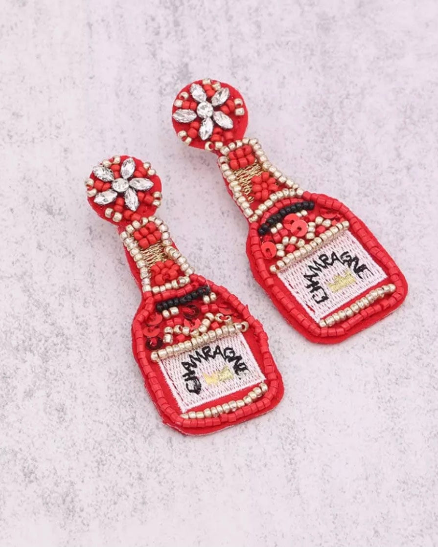 Glitterbugs Beaded Champagne Bottle Earrings Splash Swimwear Earrings Red 1000011674