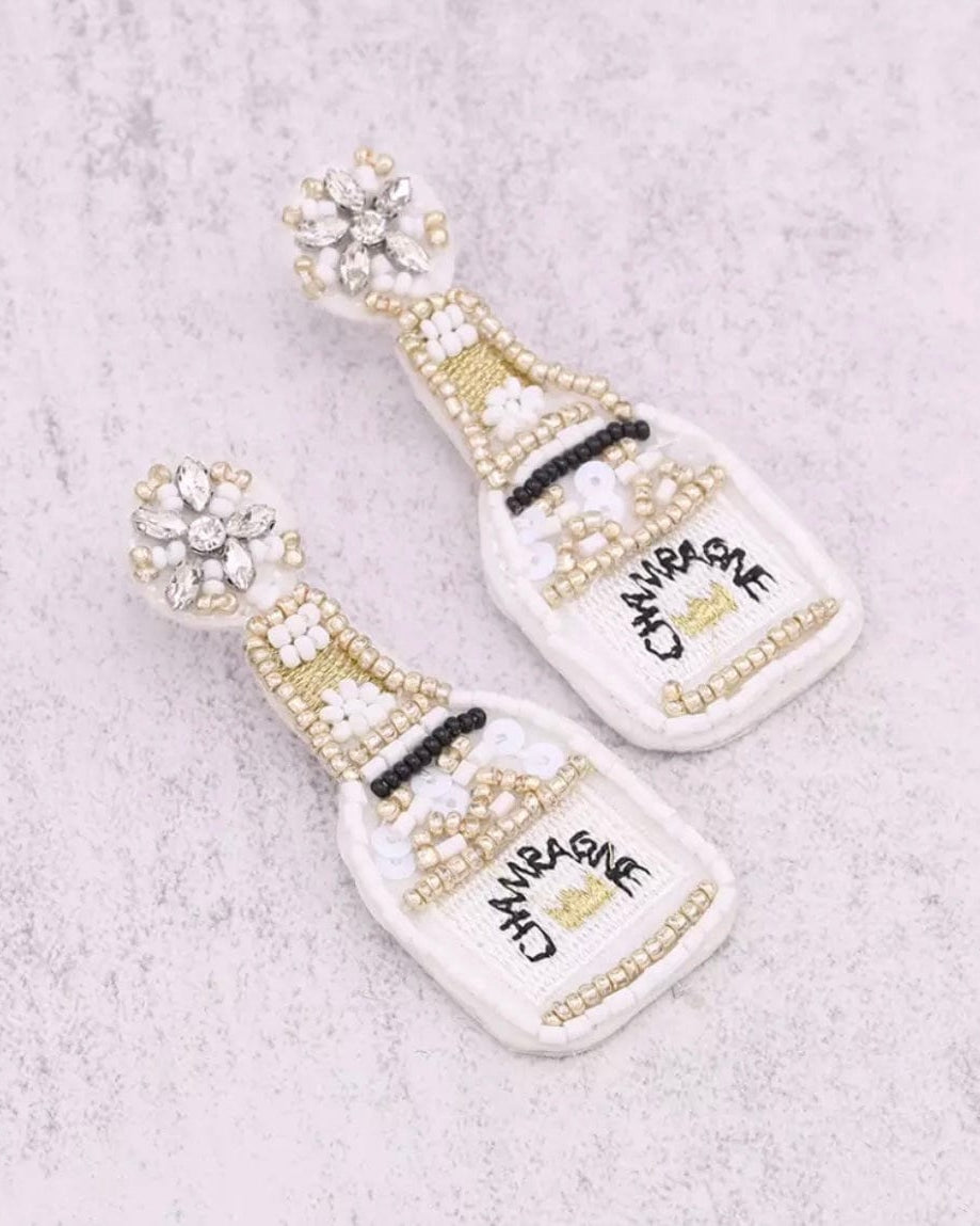 Glitterbugs Beaded Champagne Bottle Earrings Splash Swimwear Earrings White 1000011675