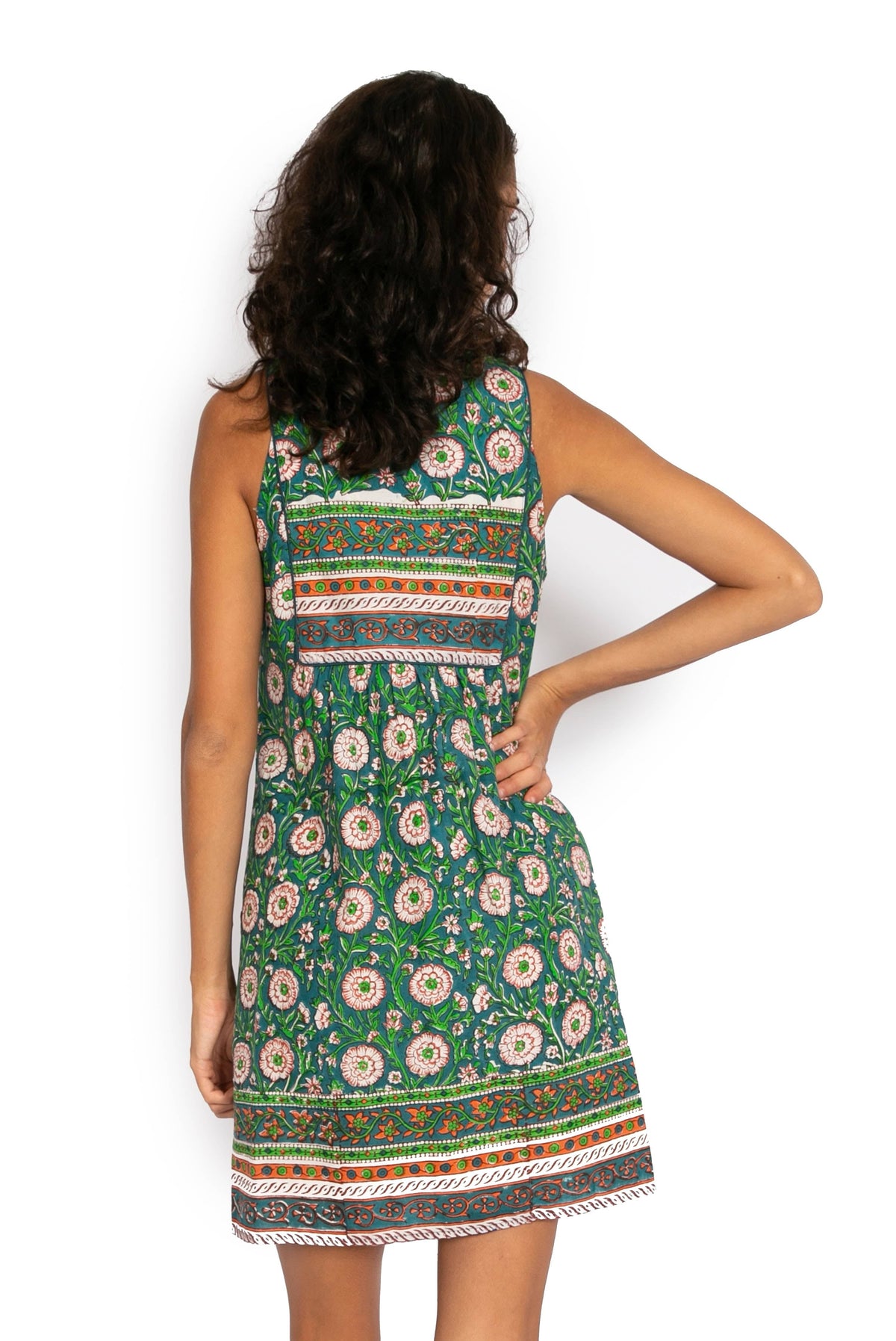 Jaipur Dress Short - Teal Flower Block Print* - OM Designs - Splash Swimwear  - dress, May23, new arrivals, new clothing, new womens, OM Designs, women clothing - Splash Swimwear 