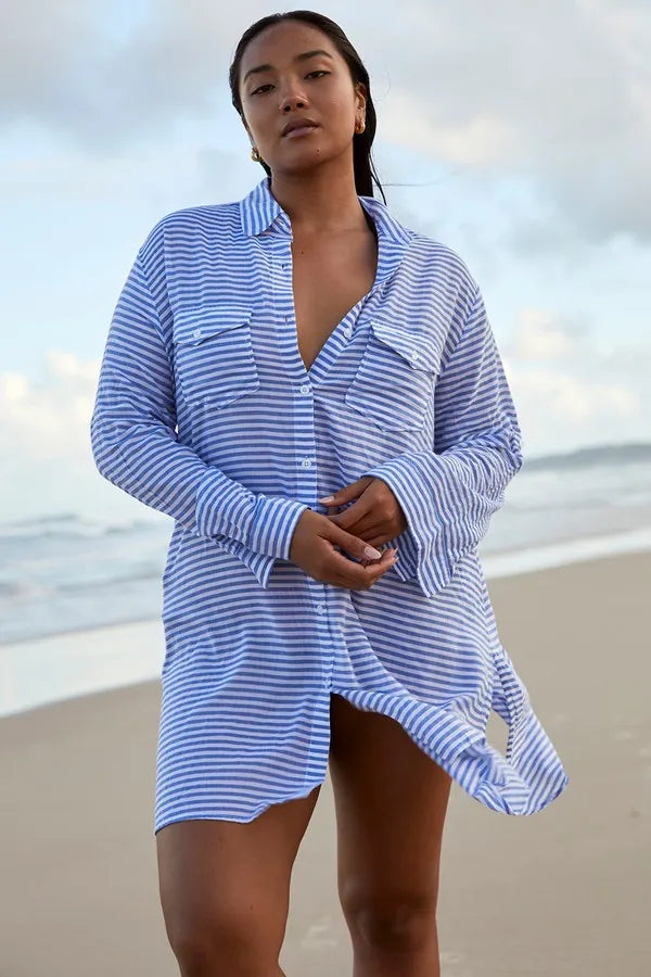 Summer Stripe Button Through Shirt - Blue - Sunseeker - Splash Swimwear  - Beach Shirt, Kaftans and Cover-Ups, Mar24, new arrivals, shirt, Sunseeker, women shirt - Splash Swimwear 