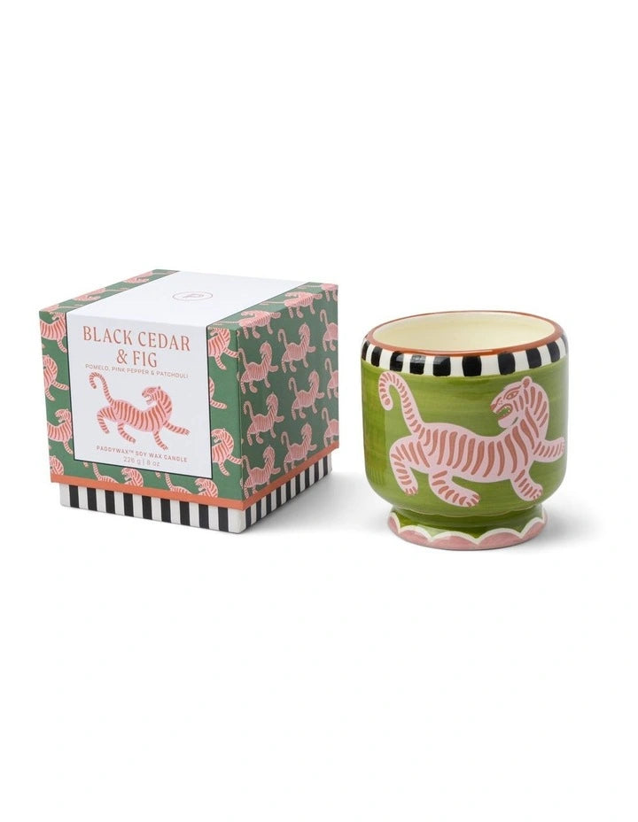 Adopo Tiger Ceramic Candle 8oz - Black Cedar & Fig