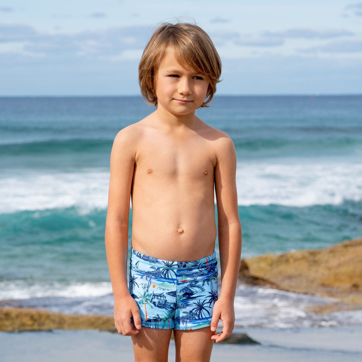 Boys Tiki Euroleg - Vintage Blue - Salty Ink - Splash Swimwear  - boys, boys 00-7, Jul23, kids, salty ink - Splash Swimwear 