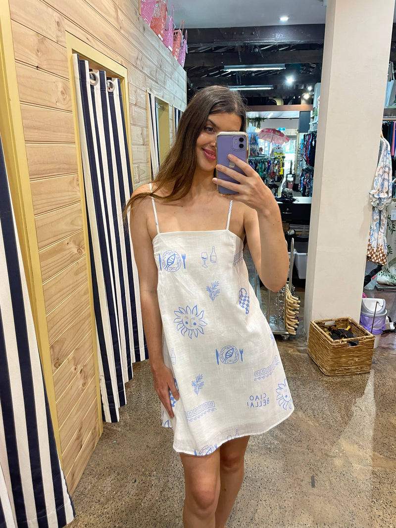 Ciao Bella Linen Mini Dress - White/ Blue - By Frankie - Splash Swimwear  - By Frankie, Dresses, Jan24, new arrivals, new clothing, new women - Splash Swimwear 