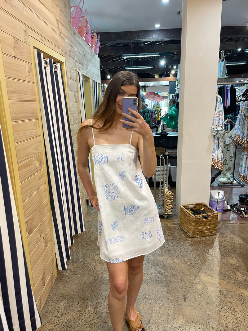 Ciao Bella Linen Mini Dress - White/ Blue - By Frankie - Splash Swimwear  - By Frankie, Dresses, Jan24, new arrivals, new clothing, new women - Splash Swimwear 