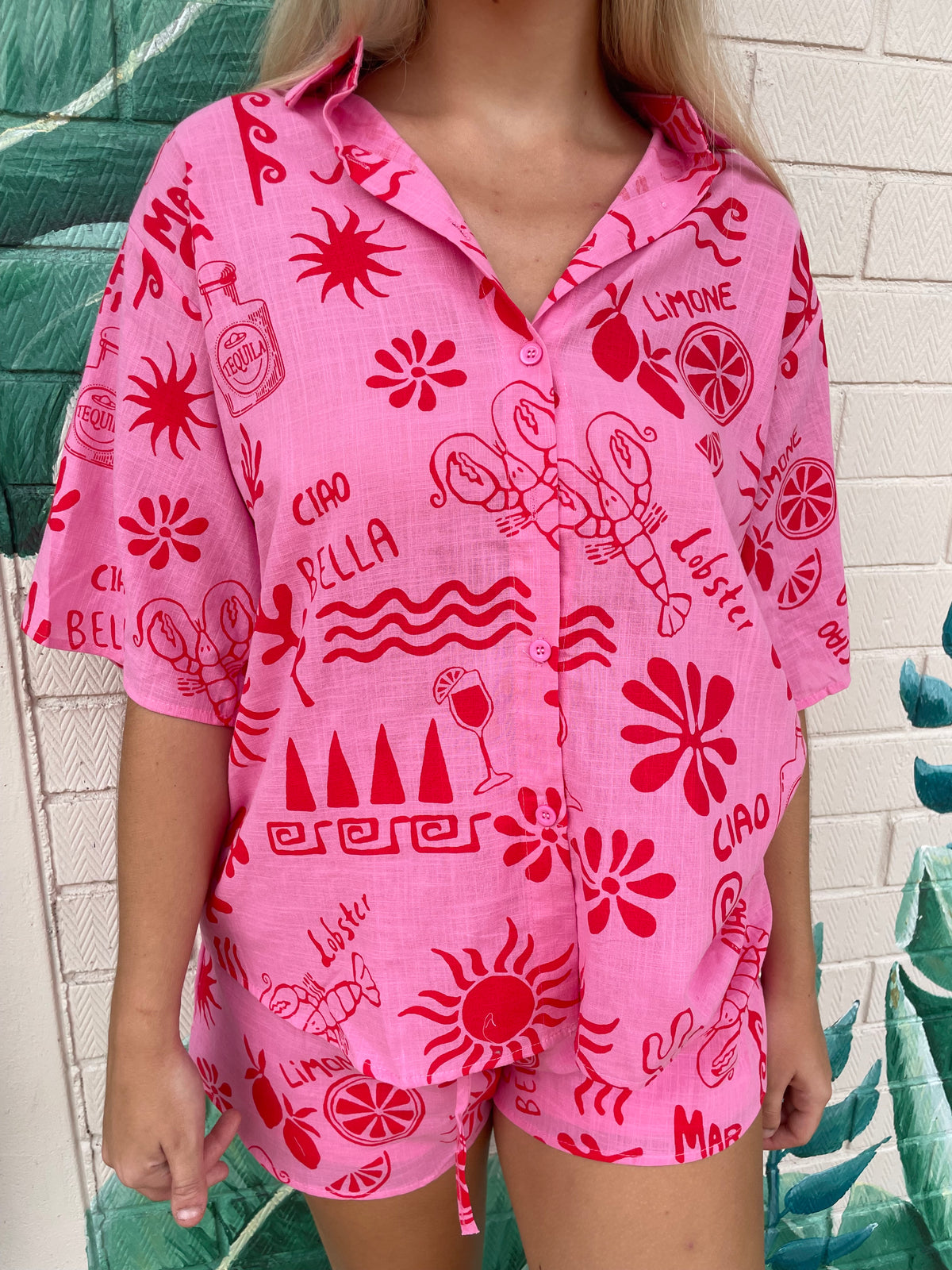 Lobster Margs Linen Shirt - Pink/Red - By Frankie - Splash Swimwear  - Beach Shirt, By Frankie, Mar24, new arrivals, new clothing, new women, shirt, women clothing, women shirt, womens top - Splash Swimwear 