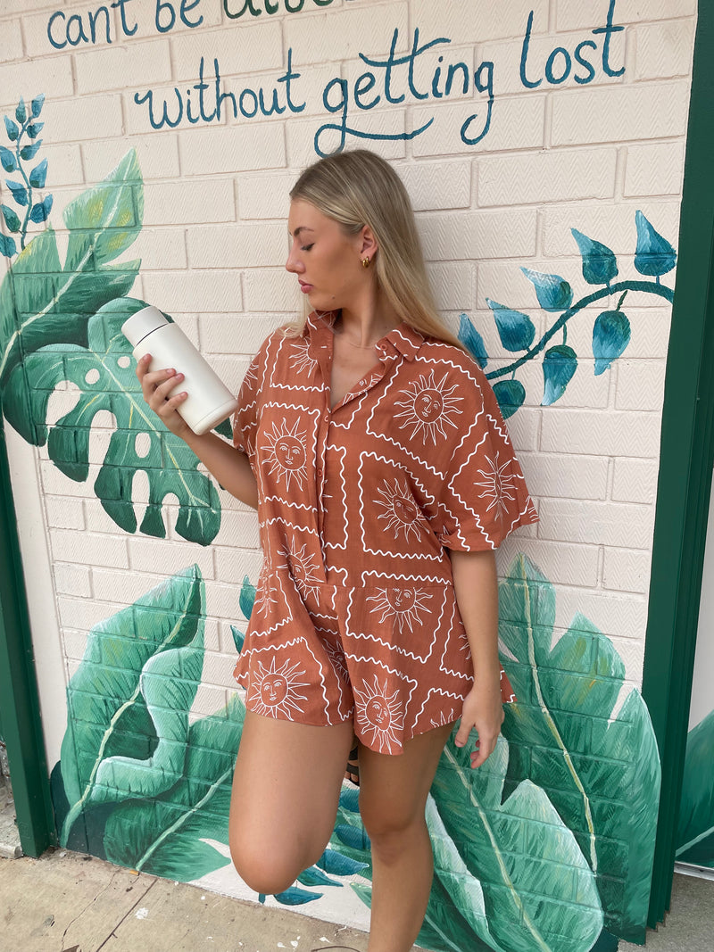 Sun Boarder Linen Playsuit - Rust/White - By Frankie - Splash Swimwear  - By Frankie, Jumpsuits & Playsuits, Mar24, new arrivals, new clothing, new women, women clothing - Splash Swimwear 